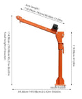 Hella Tough Heavy Duty Floor Jack And Truck Jib Crane Hoist With Wireless Control For Pickup Lifts With Swivel Arm And 360 Degree Steel Rotation 1100 Lb Capacity dimensions and orange color with arm extended.