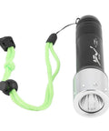 Beefy Underwater Dive Light Torch With 100m Waterproof Rating, black aluminum alloy body, T6 LED, green lanyard