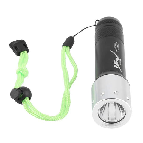 Beefy Underwater Dive Light Torch With 100m Waterproof Rating, black aluminum alloy body, T6 LED, green lanyard