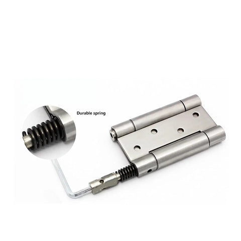 Stainless Steel Spring Door Hinge Set Two Way Open Auto Close Built Tough Heavy Duty shown with durable spring detail