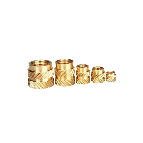 Premium Brass Knurled Insert Nuts For 3D Printers, showing various sizes including M2 to M6, 8mm OD