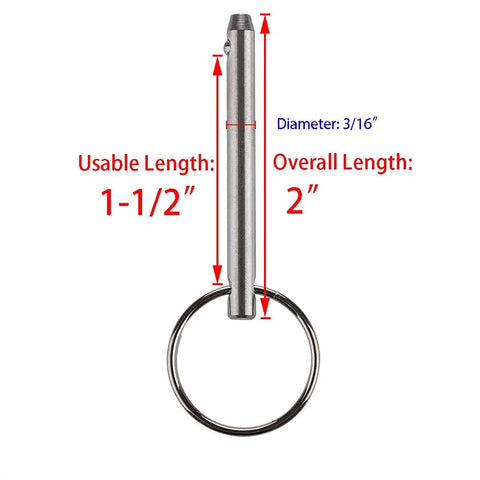 Two Pack Quick Release Pin For Boats And Bimini Tops, 3 Sixteenth Inch Diameter, Overall Length Two Inches, Usable Length One And A Half Inches, Full 316 Stainless Steel Marine Hardware, Easy Snap In Pin showing dimensions.
