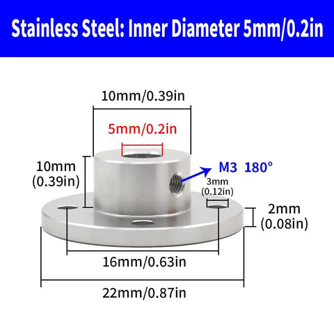 5mm Rigid Flange Shaft Coupling Bundle, Stainless Steel Motor Shaft Connector For RC Models And DIY Projects, 22mm Flange, 10mm Outer Diameter, 12mm Height, M3 Set Screws, Corrosion Resistant, Heavy Duty shown with dimensions
