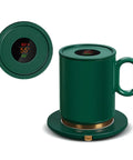 Smart Thermostatic Usb Coffee Mug Warmer Set To Keep Your Daily Brew Hot And Smooth Without Any Cold Cup Vibes Electric Heater Coaster For Home Office Desk, green mug and coaster with digital temperature display.