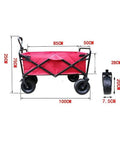 Red folding wagon cart with 4 wheels and push pull handle, measurements shown; canvas transport wagon for versatile use.