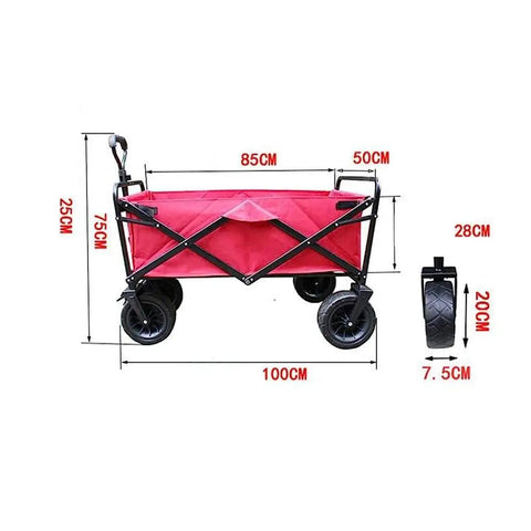 Red folding wagon cart with 4 wheels and push pull handle, measurements shown; canvas transport wagon for versatile use.