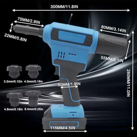 Straight Up Rock Solid Pro Cordless Brushless Riveting Gun Kit One Touch Quick Pull Automatic Rivet Nut Tool with size specifications.