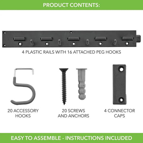 Sixty Four Inch Black Steel Wall Mount Garage Rack Featuring Twenty Heavy Hauling Hooks And Four Slick Modular Rails For Ultimate Workshop Organization And Tool Tidying