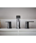Genta 8-Inch Widespread Two-Handle Bathroom Faucet In Matte Black With Durable Finish, water flowing, modern sink view