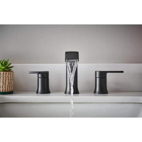 Genta 8-Inch Widespread Two-Handle Bathroom Faucet In Matte Black With Durable Finish, water flowing, modern sink view