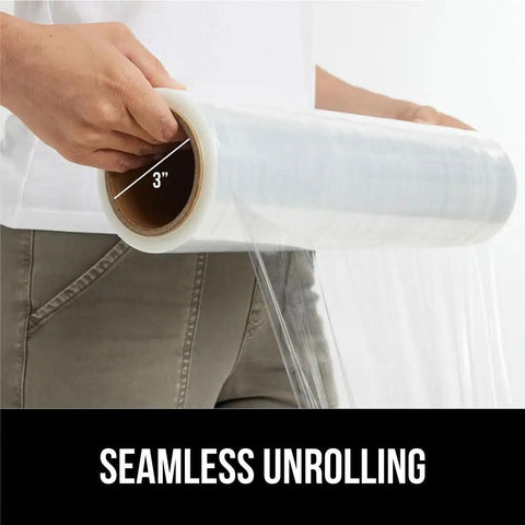 Person using Beefy Heavy Duty Stretch Wrap Film With 500 Percent Stretch 60 Gauge Clear 1200 Ft Shrink Wrap Roll 17 Inch