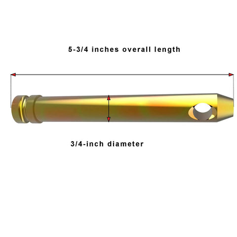 Three Point Tractor Hitch Pins Built Tough for the Farm Heavy Duty Mild Steel Four Inch Usable Length Five and a Half Inch Overall Length Three Quarter Inch Diameter Includes Lynch Pin For Category One Tractors Five Pack side view showing dimensions of 5-3/4 inch length and 3/4 inch diameter.