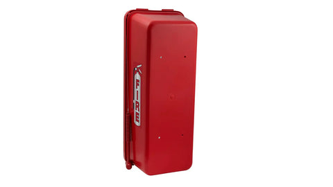Red Exterior Fire Extinguisher Cabinet With Hammer Attachment For 20 Pound Units Rock Solid Plastic Construction Hella Weatherproof And Uv Resistant Lock Box Designed For Outdoors Made In Usa For Badass Safety Coverage Wall Mount Ready