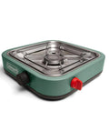 Cascade 18 1-Burner Camping Stove With 8000 BTU Output in green, showing portable design and controls for outdoor cooking.