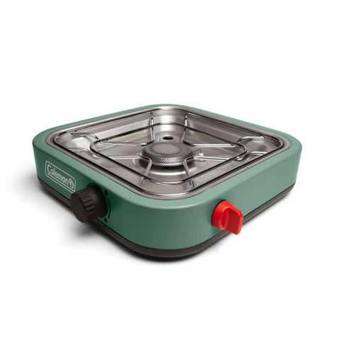 Cascade 18 1-Burner Camping Stove With 8000 BTU Output in green, showing portable design and controls for outdoor cooking.