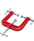 Hardcore Heavy Duty Three Way G Clamp With No Sweat Quick Release Iron Design For Woodworking And Carpenters featuring a red clamp with silver screws.