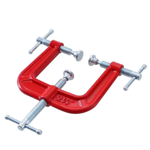 Hardcore Heavy Duty Three Way G Clamp With No Sweat Quick Release Iron Design For Woodworking And Carpenters featuring a red clamp with silver screws.