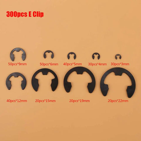 300 Piece E Clips Assortment Kit in black metal showing various sizes for shafts and housings.