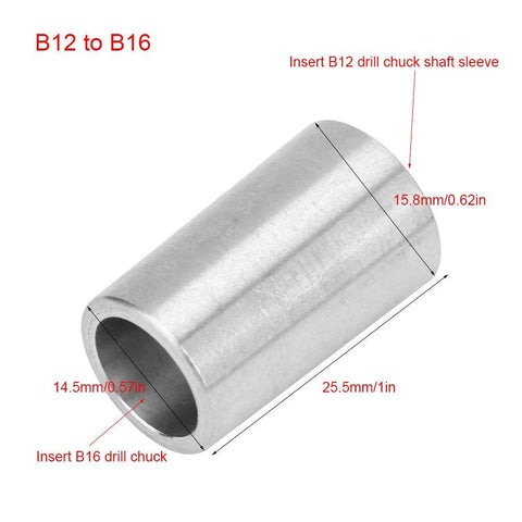 Stainless steel B12-to-B16 drill chuck conversion sleeve; precision machined tool adapter for power drills.