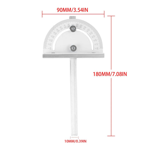 TRUTOPWAY miter angle measuring tool, front view: silver aluminum protractor with 0-180° scale and vertical handle