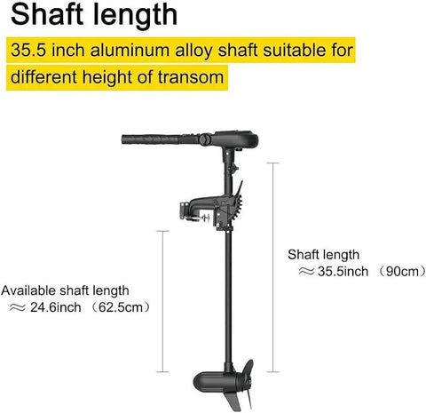 Brushless Transom Trolling Motor 12V 65 Lbs Thrust featuring a 35.5-inch aluminum alloy shaft for optimal height adjustment.