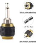Self Locking Drill Bit Holder Set 50mm Length With One Quarter Inch Hex Shank Quick Release Extension, black and gold, close-up