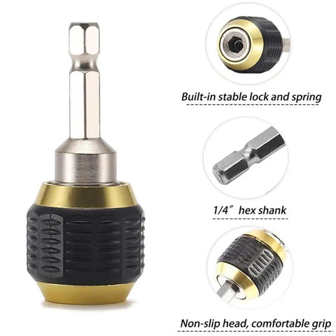 Self Locking Drill Bit Holder Set 50mm Length With One Quarter Inch Hex Shank Quick Release Extension, black and gold, close-up