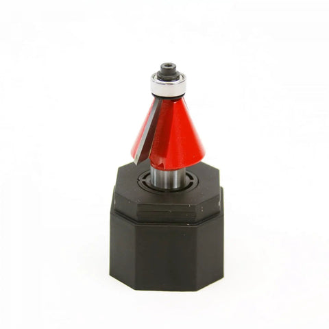 1-1/4 Inch Chamfer Router Bit With 1/2 Inch Shank, Carbide Two-Cutter, 22.5 Degree Chamfer, adjustable height on black base