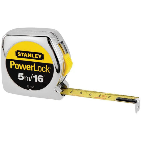 PowerLock 16-Foot Tape Measure With Tru-Zero End Hook, Chrome ABS Case, extended blade showing measurements