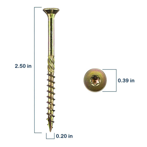 Heavy Duty Yellow Zinc Plated Deck Screws Number 10 By 2 1/2 Inch With Torx Star Drive, showing dimensions and design.