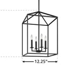 Four Light Lantern Pendant Lamp With Iron Openwork Frame For Island Kitchen And Foyer Black Finish 12.5 Inch Ceiling Fixture With Dimensions