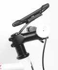 Xmount Pro Bicycle Phone Holder Mount For Any Handlebar on black bike stem, secure alloy construction with rubber bumpers.