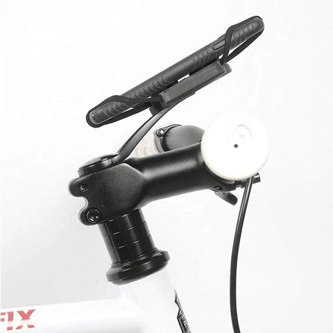 Xmount Pro Bicycle Phone Holder Mount For Any Handlebar on black bike stem, secure alloy construction with rubber bumpers.