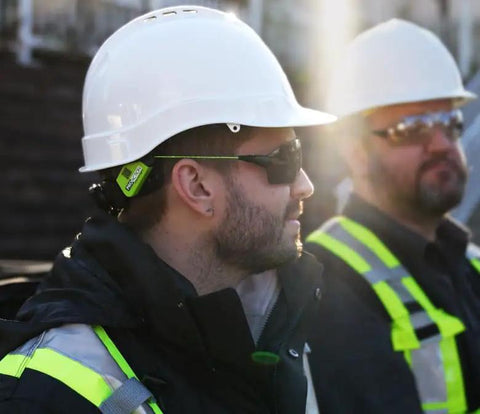 Man wearing Hard Hat Safety Glasses With Interchangeable Lenses Anti Fog Anti Scratch Ansi Certified Ppe Eyewear on a job site.