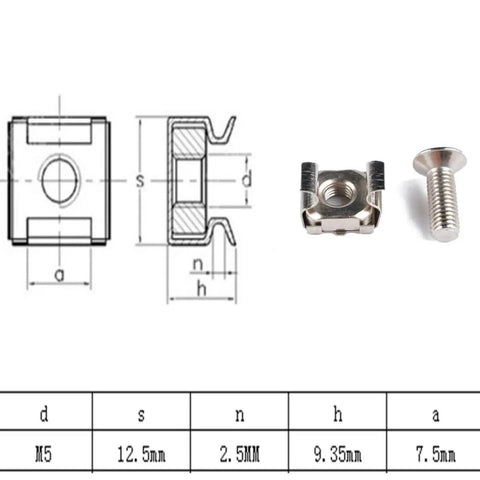 Diagram and parts of Two Sets Square Hole Cage Nuts With Mounting Screws And Washers, Nickel Plated Iron, Server Rack Cabinets