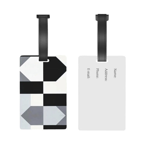 Compact Black And White Piano Grid Print Luggage Tags With Personalized Name Tags For Slick Travel Setup and No Sweat Baggage Identification Road Trip Ready Gear Making Finding Luggage A Breeze - Front and back view.