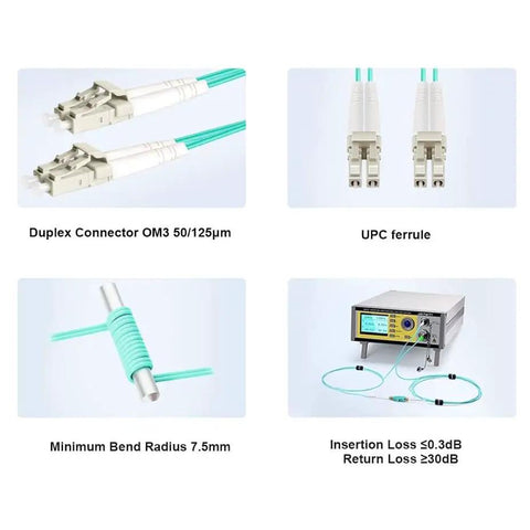 Image of 6 Pack 2 Meter LC To LC OM3 Multimode Fiber Patch Cable with duplex connectors and testing equipment.