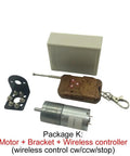 Slick 12 Volt DC Gear Motor With Compact Gearbox Reducer For Low Speed Tasks And Smart Car Builds package with motor, bracket, and wireless controller.