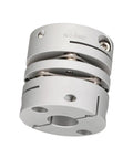 Heavy Duty Aluminum Double Disc Flexible Coupler Shaft For Engines with silver finish and compact design for tight spaces.
