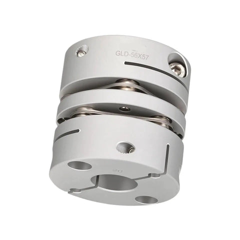 Heavy Duty Aluminum Double Disc Flexible Coupler Shaft For Engines with silver finish and compact design for tight spaces.