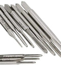 Close-up of Compact 10 Piece Pro Grade HSS Micro Tap Set M1 To M3.5 With Adjustable Tap Wrench, displaying metric taps variety.