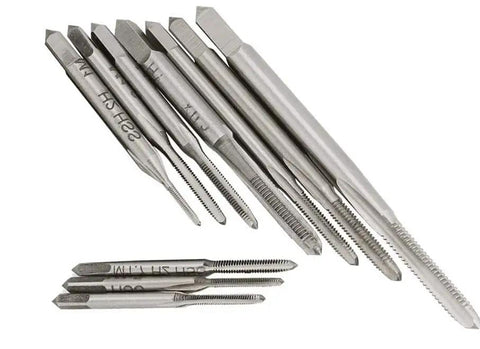 Close-up of Compact 10 Piece Pro Grade HSS Micro Tap Set M1 To M3.5 With Adjustable Tap Wrench, displaying metric taps variety.