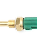 Coolant temperature sensor (ECT) with brass threaded probe and green plastic connector, front view