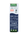 Workhorse Grade 120W Single Output DIN Rail Industrial Power Supply with clear labeling, showing 24V DC output and status lights.