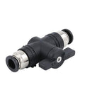 Push To Connect Ball Valve For Pneumatic Systems, 4mm Tube OD, black plastic with silver fittings, air flow control, straight union adapter.