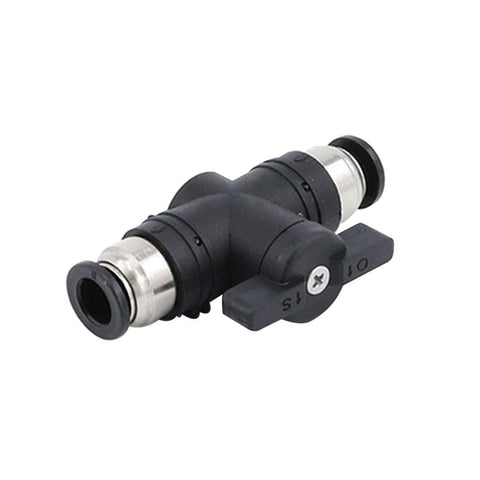 Push To Connect Ball Valve For Pneumatic Systems, 4mm Tube OD, black plastic with silver fittings, air flow control, straight union adapter.
