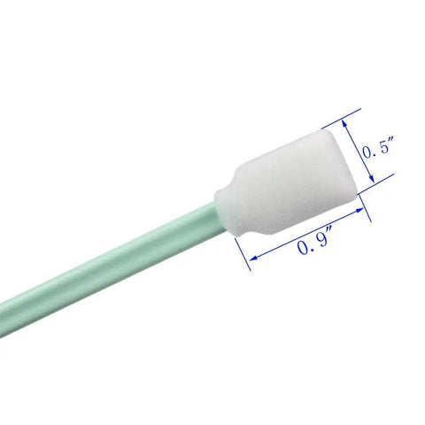100 Pack 5.1 Inch Foam Cleaning Swabs For Solvent Inkjet Printers And Roland Optical Equipment With Open Cell Foam Heads And Plastic Shaft, Great For Precision Cleaning And Safe Maintenance. White foam swab with 0.9in head and 0.5in tip on green shaft