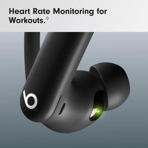 Close-up of Powerbeats Pro 2 Wireless Noise Canceling Workout Earbuds With Secure Fit Earhooks Jet Black displaying heart rate monitoring feature.