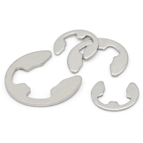 Close-up of 200 Piece E Clip Circlip Washer Set Kit Stainless Steel 304 External Snap Rings For Shafts 1.2 To 15 Mm M1.5 To M10 Range