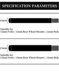 Diagram comparing 12mm and 15mm thru axles for bike forks and hubs with specifications